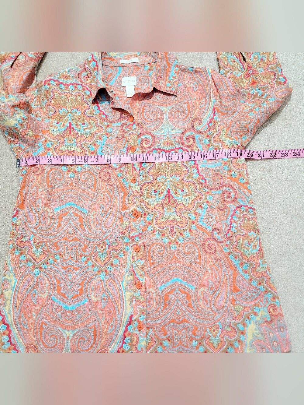 Chico's Size Small 100% Linen Paisley Button Front Shirt Coral Blue 3/4 Sleeve - Picture 10 of 13